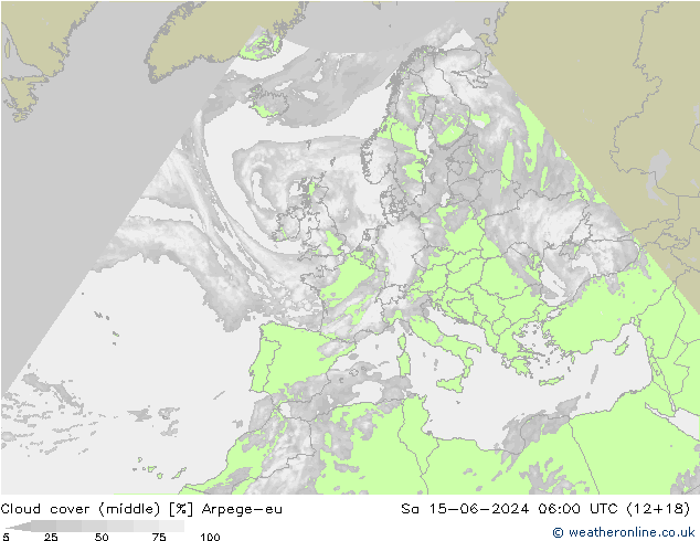 Cloud cover (middle) Arpege-eu Sa 15.06.2024 06 UTC