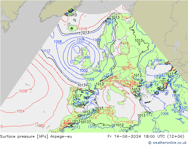 Pressione al suolo Arpege-eu ven 14.06.2024 18 UTC