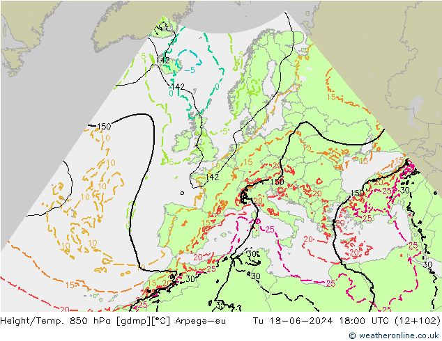 Hoogte/Temp. 850 hPa Arpege-eu di 18.06.2024 18 UTC