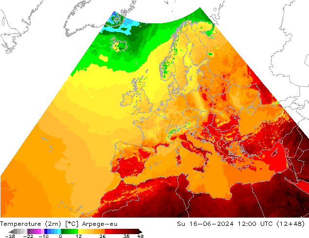 Temperature (2m) Arpege-eu Su 16.06.2024 12 UTC