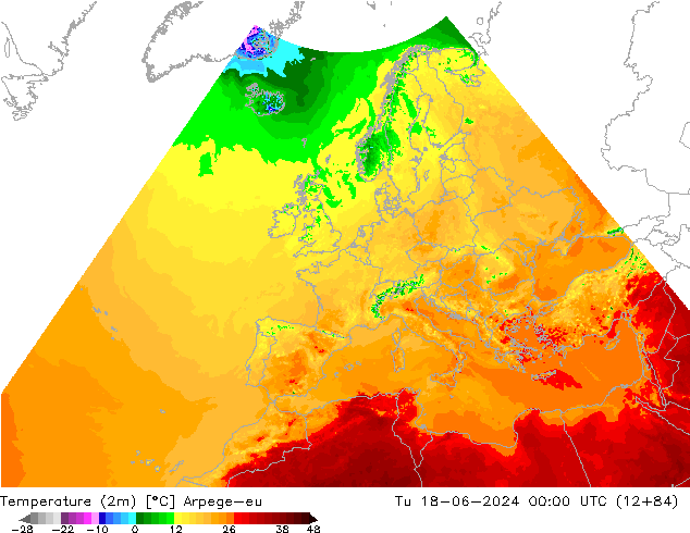 Temperature (2m) Arpege-eu Út 18.06.2024 00 UTC
