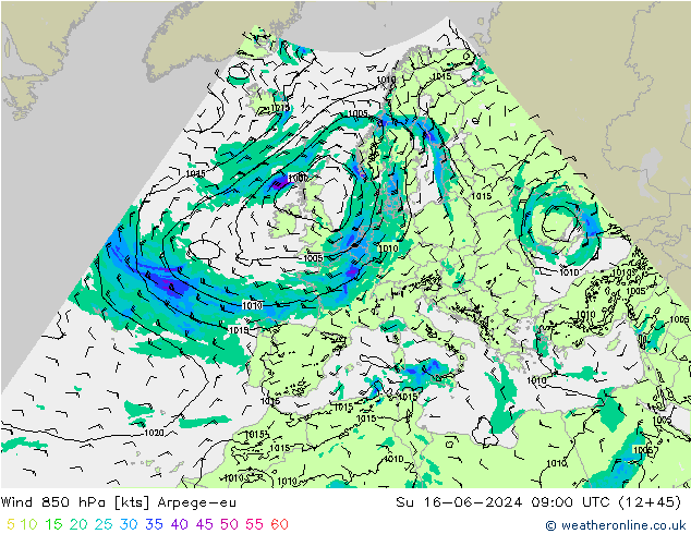 Wind 850 hPa Arpege-eu So 16.06.2024 09 UTC