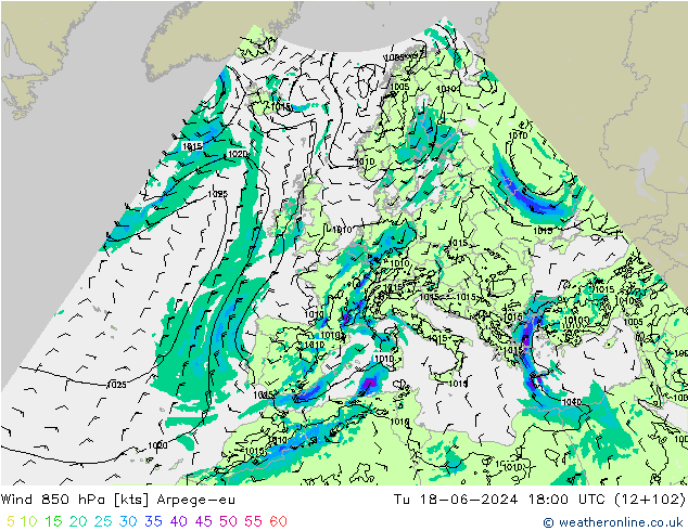 Wind 850 hPa Arpege-eu Di 18.06.2024 18 UTC