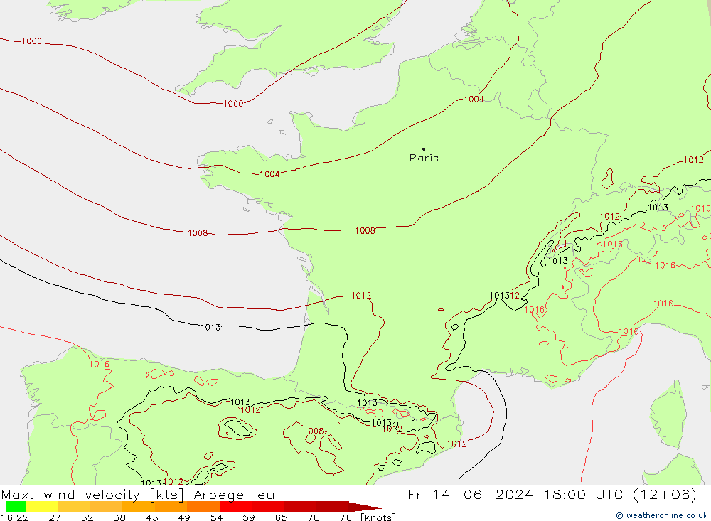 Max. wind velocity Arpege-eu Pá 14.06.2024 18 UTC
