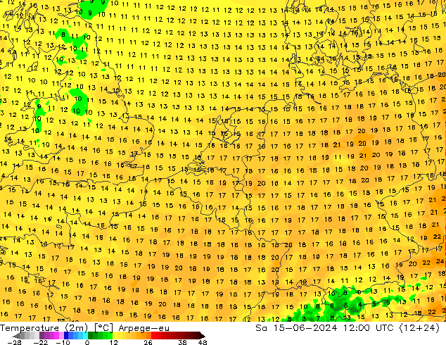 Temperaturkarte (2m) Arpege-eu Sa 15.06.2024 12 UTC