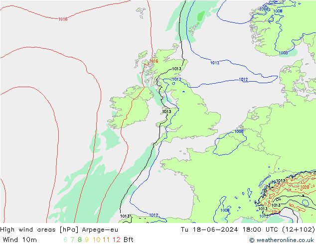High wind areas Arpege-eu Tu 18.06.2024 18 UTC