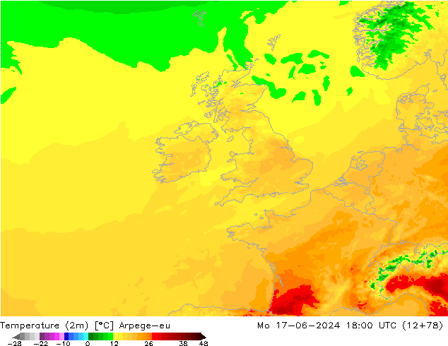Temperature (2m) Arpege-eu Mo 17.06.2024 18 UTC