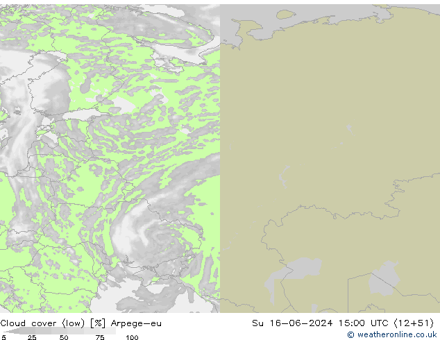 Cloud cover (low) Arpege-eu Su 16.06.2024 15 UTC