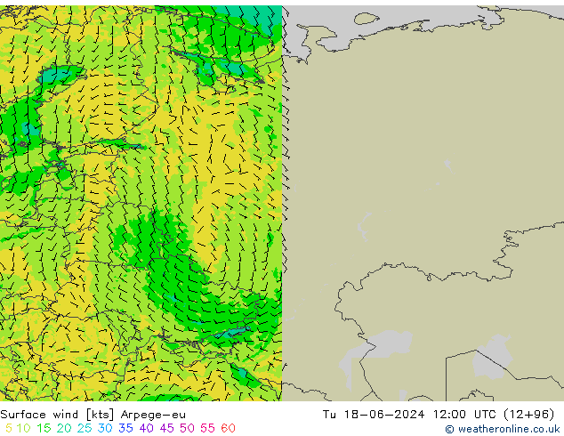 Surface wind Arpege-eu Út 18.06.2024 12 UTC