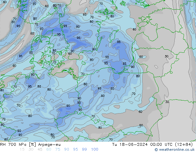 Humidité rel. 700 hPa Arpege-eu mar 18.06.2024 00 UTC