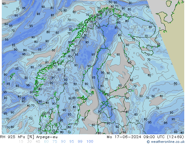 RH 925 hPa Arpege-eu Po 17.06.2024 09 UTC