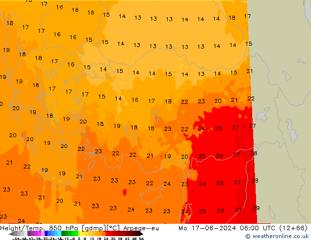 Yükseklik/Sıc. 850 hPa Arpege-eu Pzt 17.06.2024 06 UTC