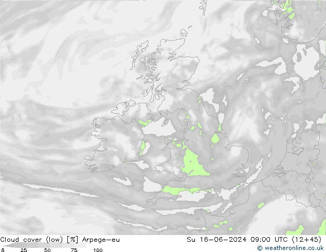 Cloud cover (low) Arpege-eu Su 16.06.2024 09 UTC