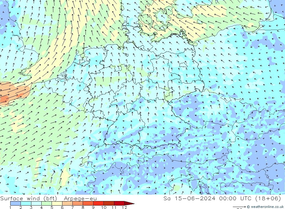 Bodenwind (bft) Arpege-eu Sa 15.06.2024 00 UTC