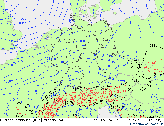 Pressione al suolo Arpege-eu dom 16.06.2024 18 UTC