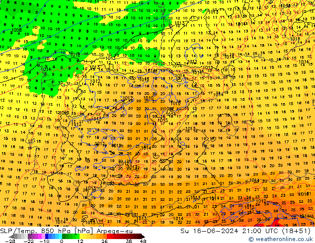 SLP/Temp. 850 hPa Arpege-eu So 16.06.2024 21 UTC