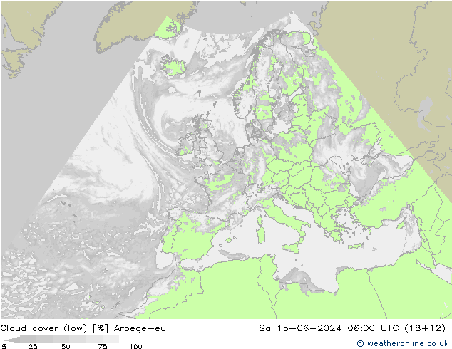 Cloud cover (low) Arpege-eu Sa 15.06.2024 06 UTC