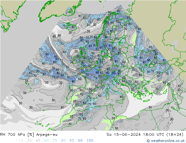 Humidité rel. 700 hPa Arpege-eu sam 15.06.2024 18 UTC