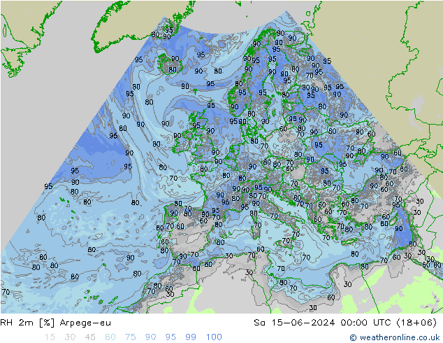 RH 2m Arpege-eu Sa 15.06.2024 00 UTC