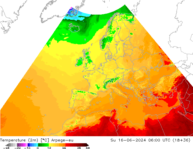 mapa temperatury (2m) Arpege-eu nie. 16.06.2024 06 UTC