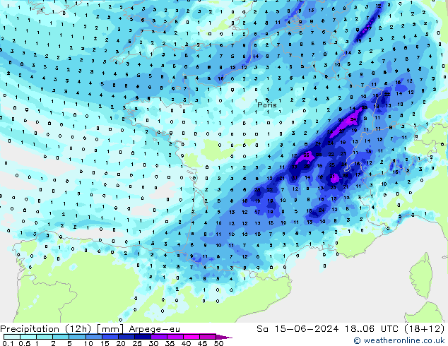 Precipitation (12h) Arpege-eu So 15.06.2024 06 UTC