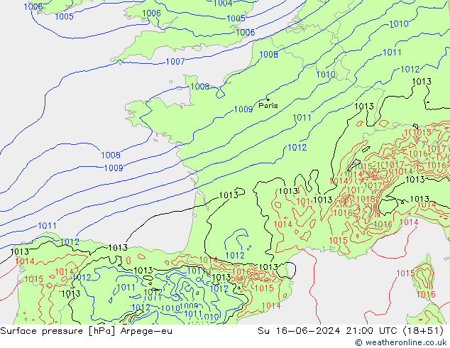 Surface pressure Arpege-eu Su 16.06.2024 21 UTC