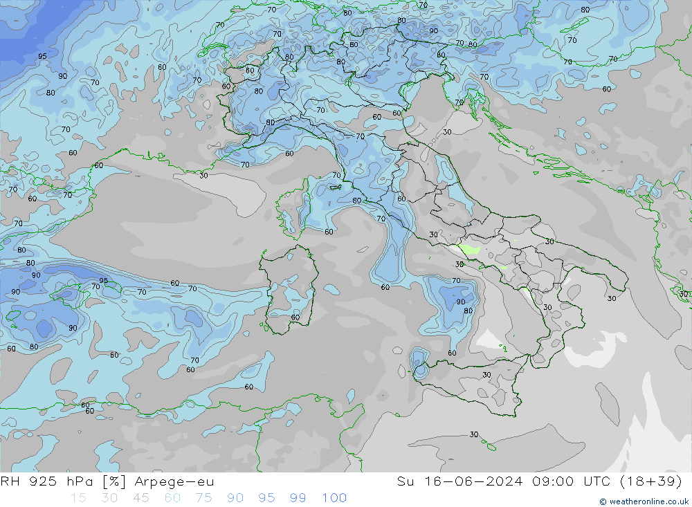 RH 925 hPa Arpege-eu Su 16.06.2024 09 UTC