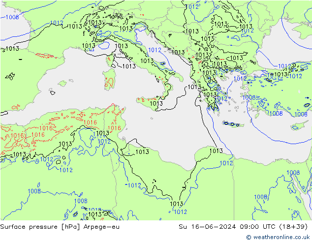 Presión superficial Arpege-eu dom 16.06.2024 09 UTC
