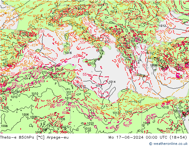 Theta-e 850hPa Arpege-eu Mo 17.06.2024 00 UTC