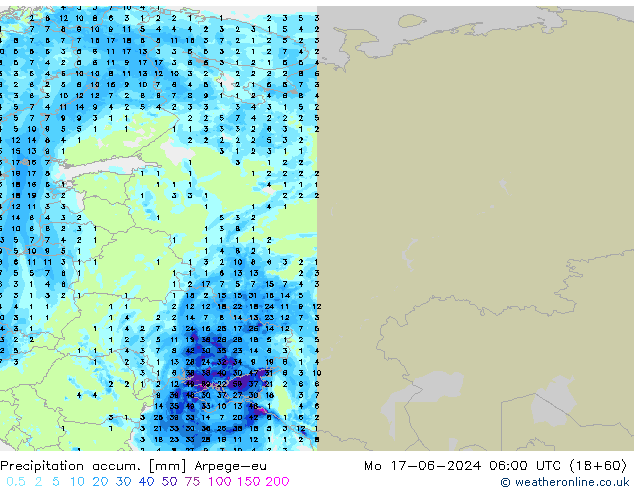 Precipitation accum. Arpege-eu Mo 17.06.2024 06 UTC