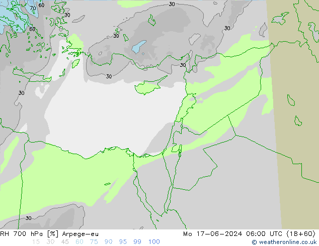 RH 700 hPa Arpege-eu Mo 17.06.2024 06 UTC