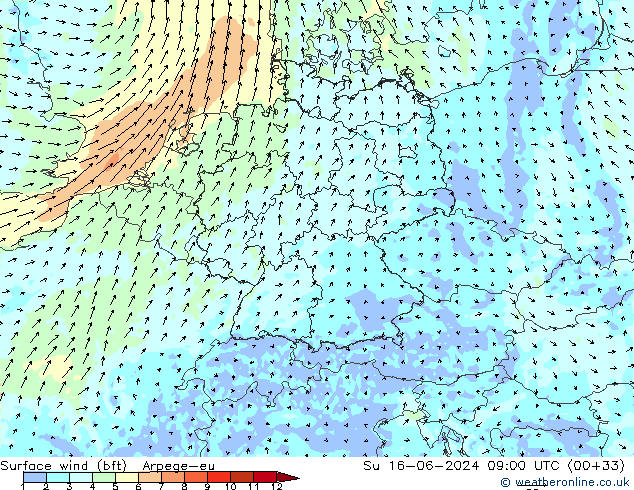 Surface wind (bft) Arpege-eu Ne 16.06.2024 09 UTC