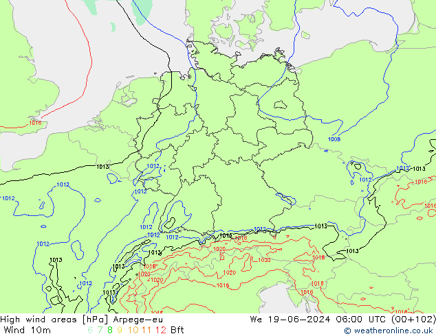 High wind areas Arpege-eu We 19.06.2024 06 UTC