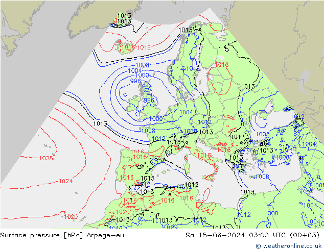 Surface pressure Arpege-eu Sa 15.06.2024 03 UTC