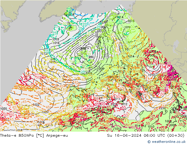 Theta-e 850hPa Arpege-eu Su 16.06.2024 06 UTC