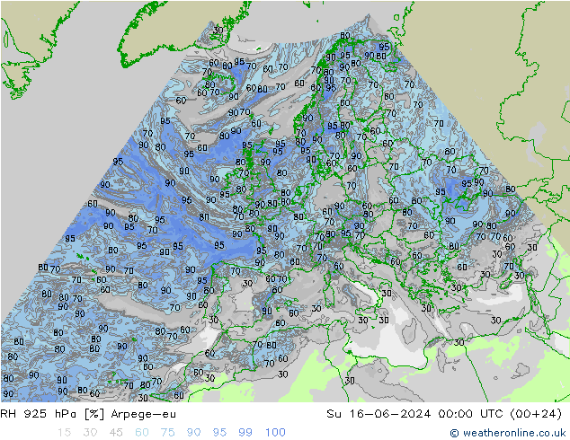 RH 925 гПа Arpege-eu Вс 16.06.2024 00 UTC