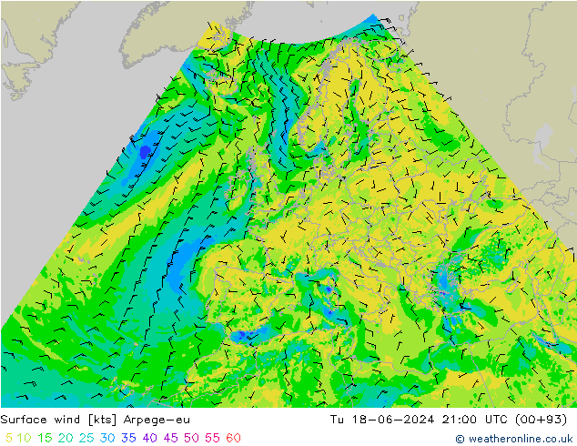 Vento 10 m Arpege-eu Ter 18.06.2024 21 UTC