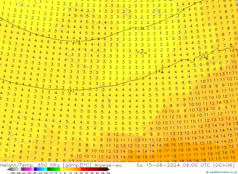 Height/Temp. 850 hPa Arpege-eu Sáb 15.06.2024 06 UTC