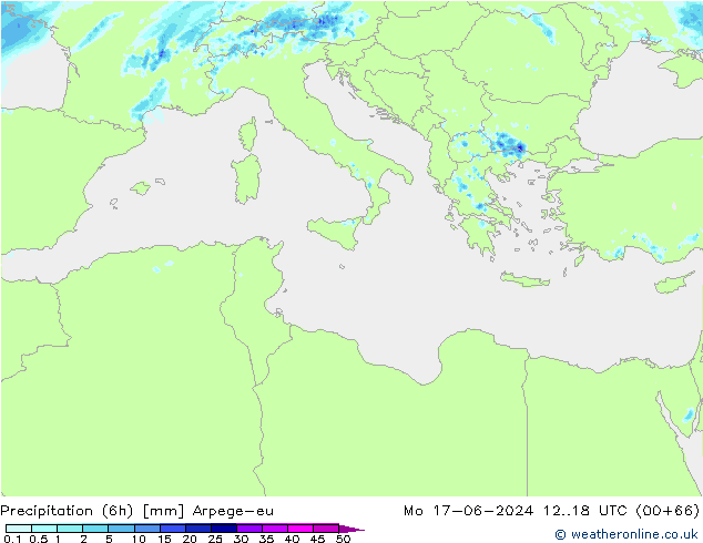 Precipitation (6h) Arpege-eu Mo 17.06.2024 18 UTC