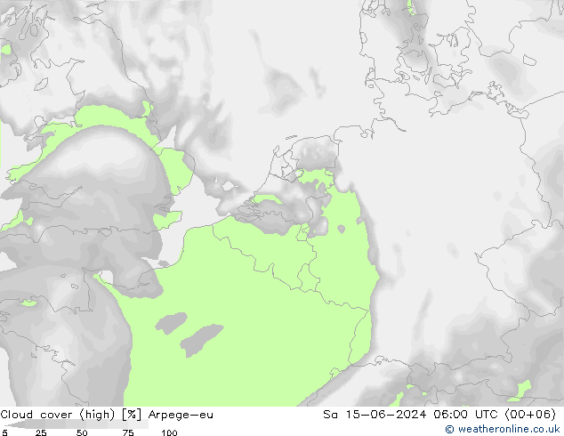 Cloud cover (high) Arpege-eu Sa 15.06.2024 06 UTC