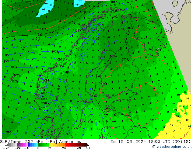 SLP/Temp. 850 hPa Arpege-eu so. 15.06.2024 18 UTC