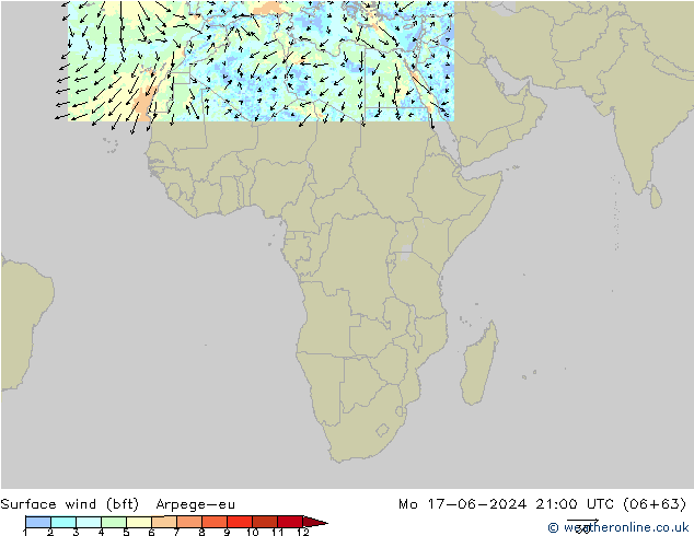 Surface wind (bft) Arpege-eu Po 17.06.2024 21 UTC