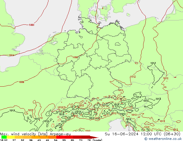 Max. wind velocity Arpege-eu Su 16.06.2024 12 UTC