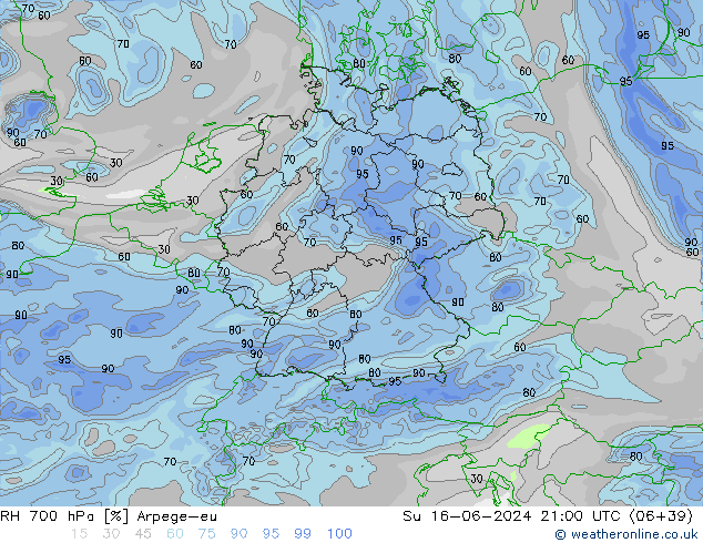 RH 700 hPa Arpege-eu Su 16.06.2024 21 UTC