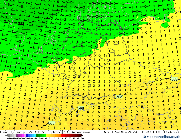 Height/Temp. 700 hPa Arpege-eu Mo 17.06.2024 18 UTC