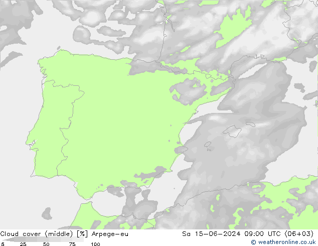 Cloud cover (middle) Arpege-eu Sa 15.06.2024 09 UTC