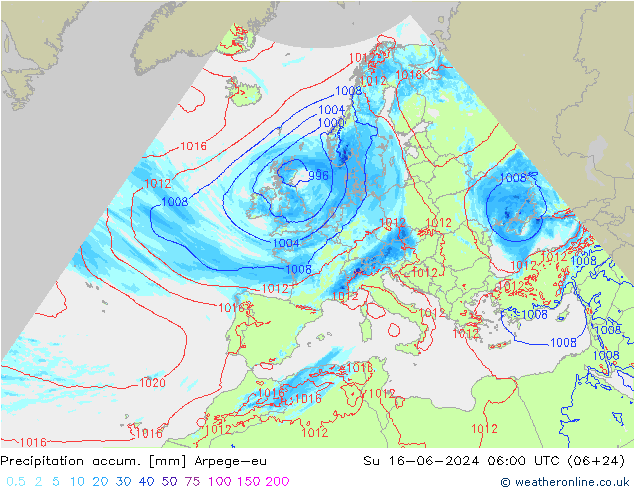 Precipitation accum. Arpege-eu  16.06.2024 06 UTC