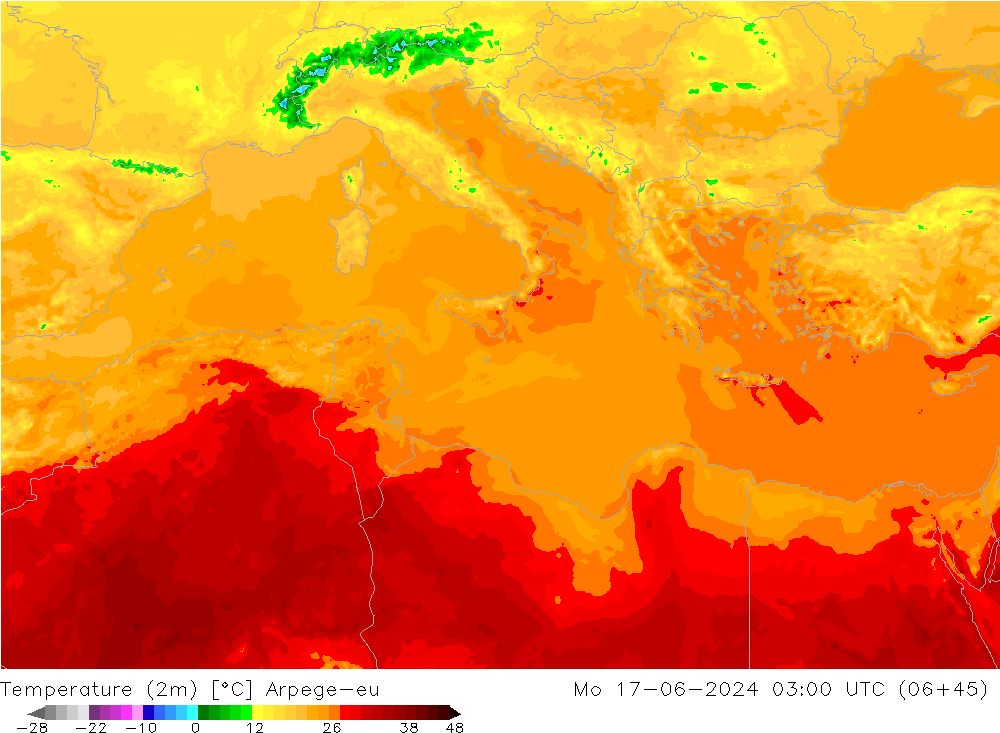 Temperature (2m) Arpege-eu Mo 17.06.2024 03 UTC