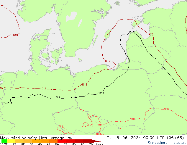 Max. wind velocity Arpege-eu Tu 18.06.2024 00 UTC