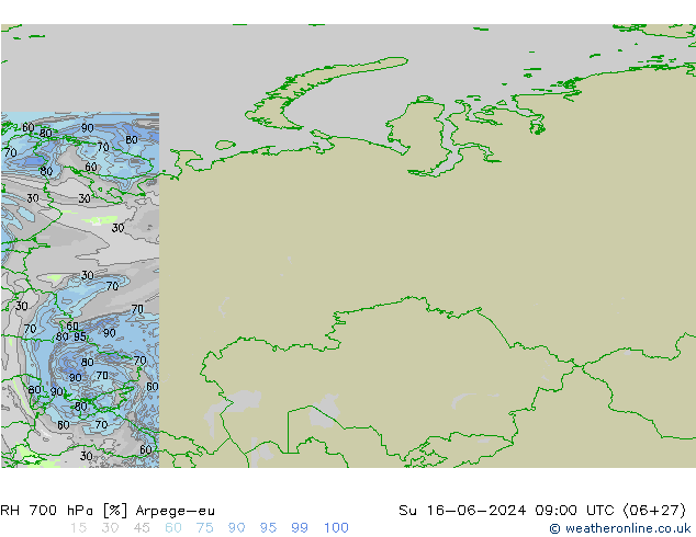 RH 700 hPa Arpege-eu Su 16.06.2024 09 UTC